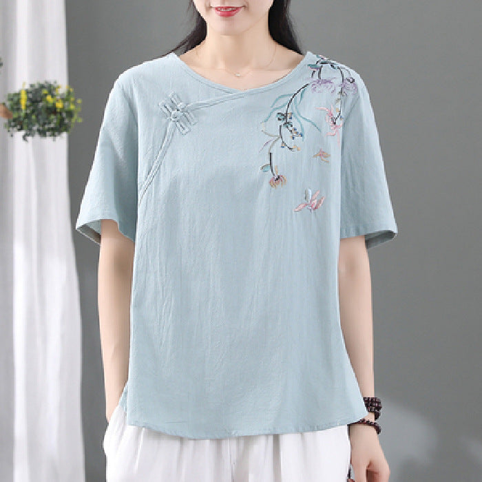 Women's Fashion Retro Frog Button Short Sleeve T-shirt myETYN