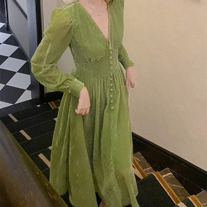 Women's Fashionable Green Waist Dress myETYN