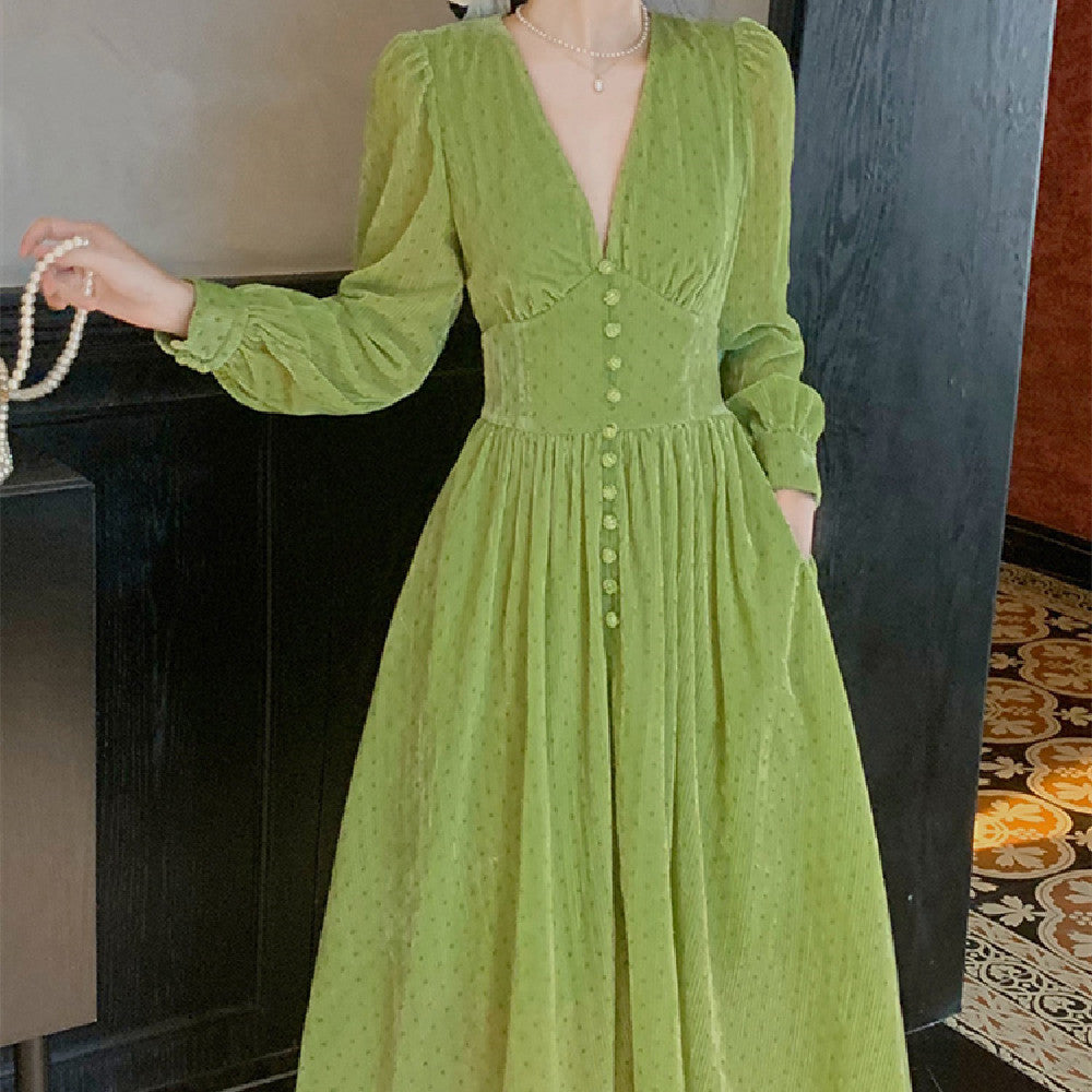 Women's Fashionable Green Waist Dress myETYN