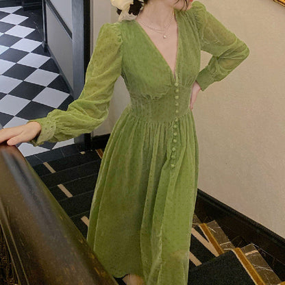 Women's Fashionable Green Waist Dress myETYN