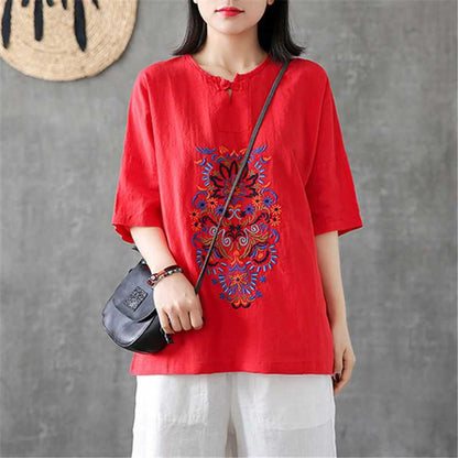 Women's Fashionable Retro Embroidered Chinese Knot Button V-neck Short-sleeved Top myETYN