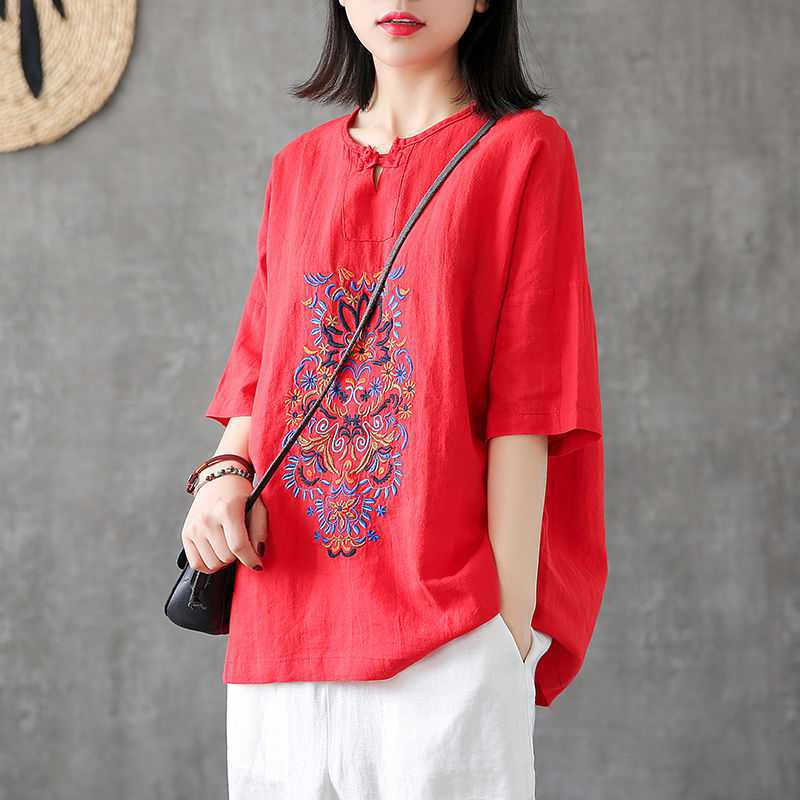 Women's Fashionable Retro Embroidered Chinese Knot Button V-neck Short-sleeved Top myETYN