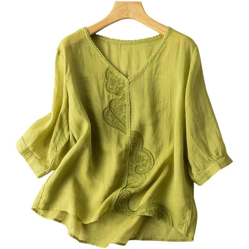 Women's Fashionable Simple Embroidered Ramie Shirt Top myETYN