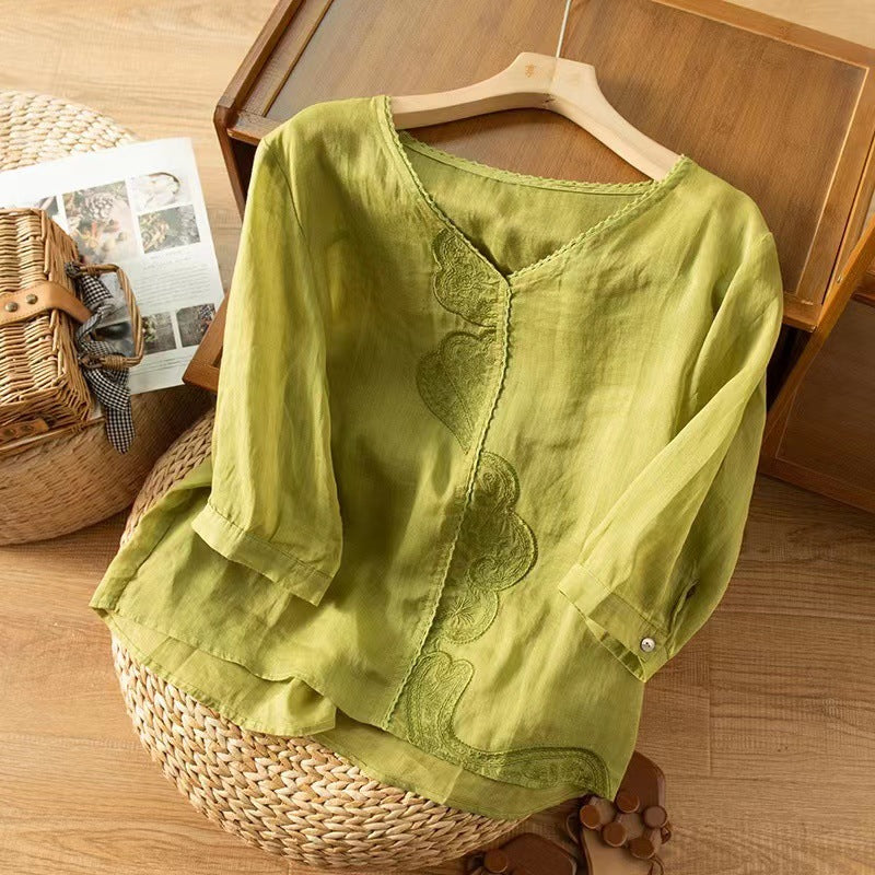 Women's Fashionable Simple Embroidered Ramie Shirt Top myETYN