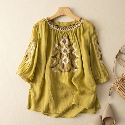 Women's Fashionable Slimming Cotton And Linen Embroidered Crew Neck Top myETYN