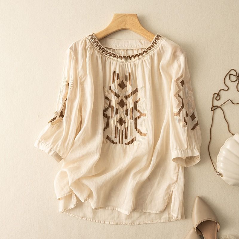 Women's Fashionable Slimming Cotton And Linen Embroidered Crew Neck Top myETYN