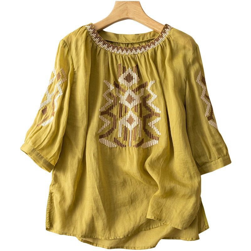 Women's Fashionable Slimming Cotton And Linen Embroidered Crew Neck Top myETYN