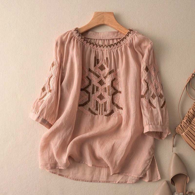 Women's Fashionable Slimming Cotton And Linen Embroidered Crew Neck Top myETYN