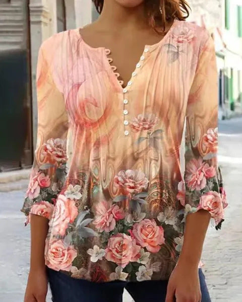 Women's Floral Printed V-neck Short Sleeve Button T-shirt myETYN