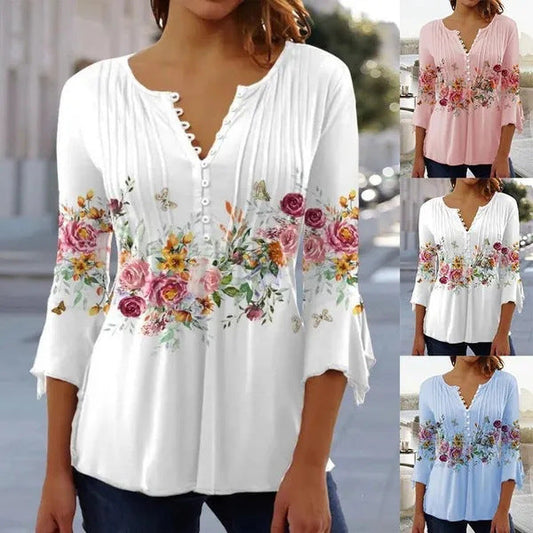 Women's Floral Printed V-neck Short Sleeve Button T-shirt myETYN