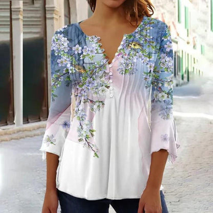 Women's Floral Printed V-neck Short Sleeve Button T-shirt myETYN