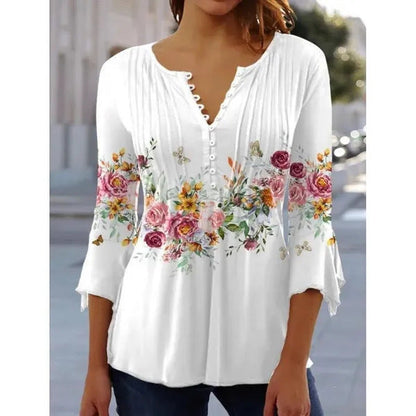 Women's Floral Printed V-neck Short Sleeve Button T-shirt myETYN