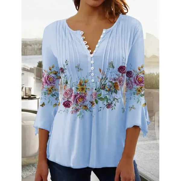 Women's Floral Printed V-neck Short Sleeve Button T-shirt myETYN