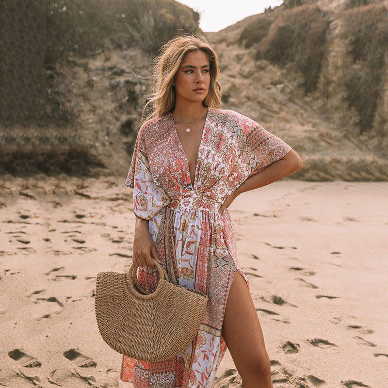 Women's Flowers Printed Dress Bohemian Irregular Beach Clothes myETYN