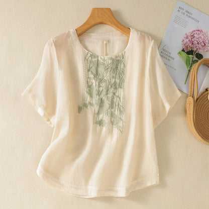 Women's Graceful And Fashionable Heavy Industry Embroidered Cotton And Linen Top myETYN