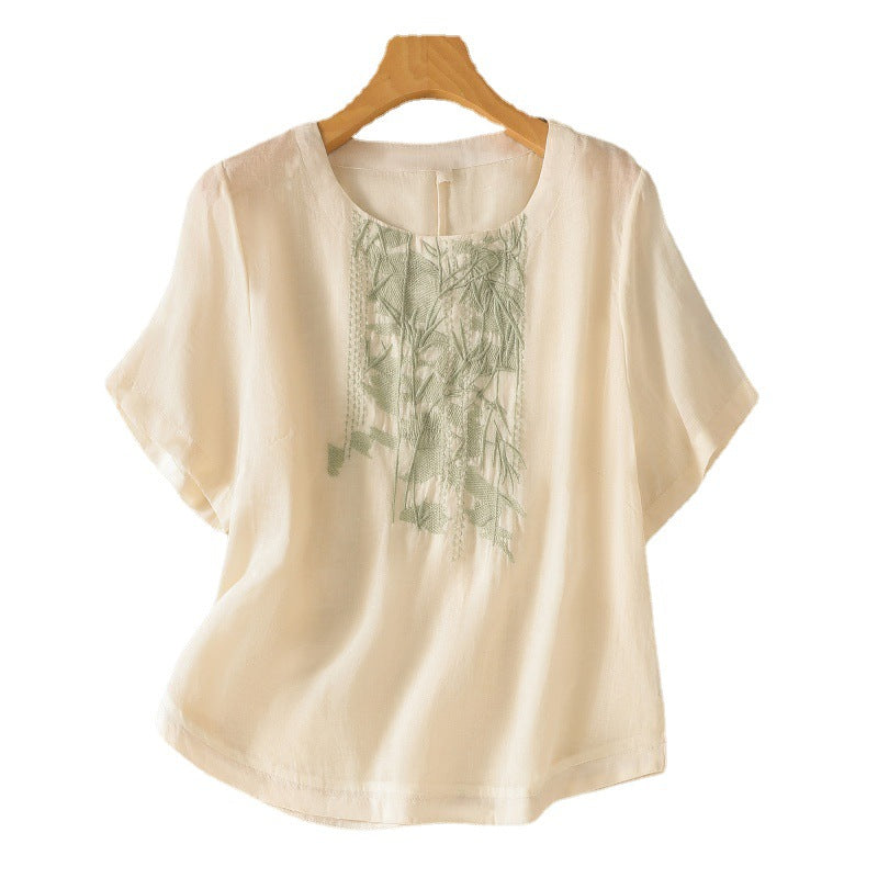 Women's Graceful And Fashionable Heavy Industry Embroidered Cotton And Linen Top myETYN