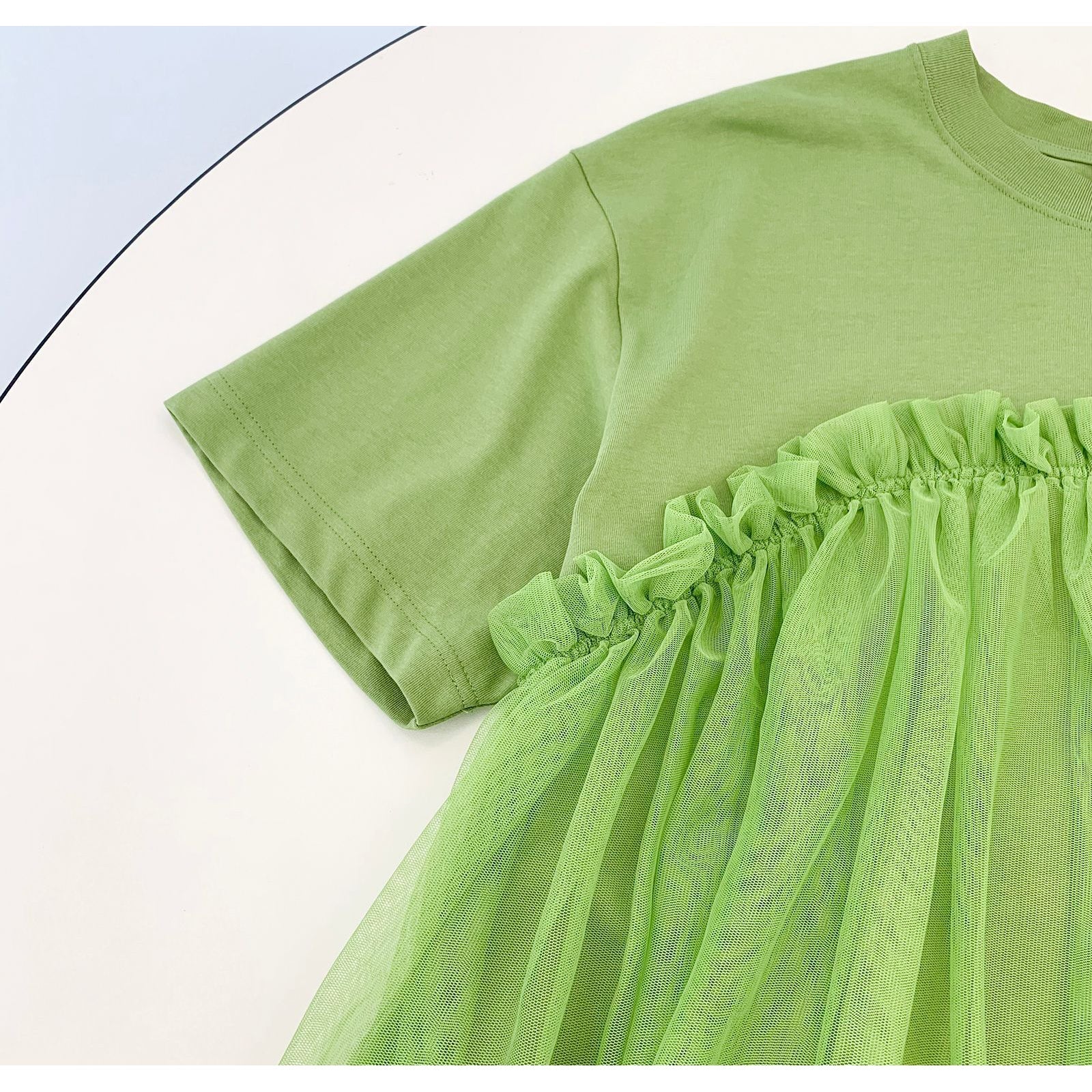 Women's Green Mini Dress Tulle Stitching T-shirt Skirt myETYN