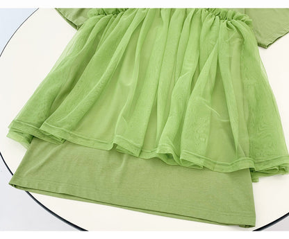 Women's Green Mini Dress Tulle Stitching T-shirt Skirt myETYN