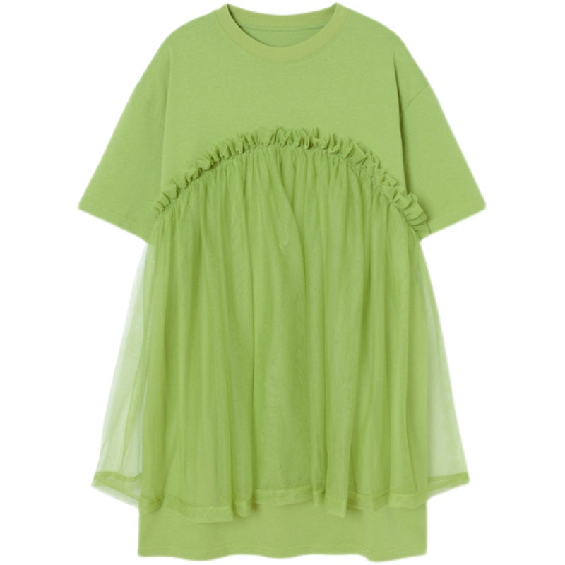 Women's Green Mini Dress Tulle Stitching T-shirt Skirt myETYN