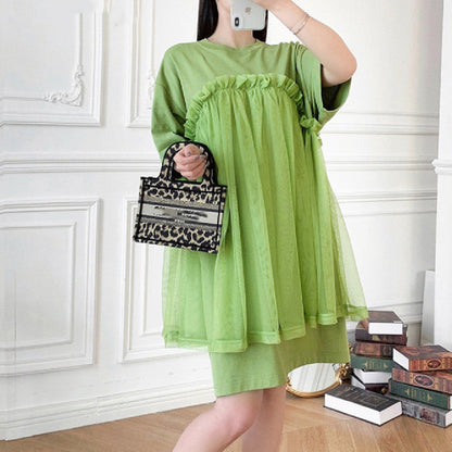 Women's Green Mini Dress Tulle Stitching T-shirt Skirt myETYN