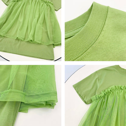 Women's Green Mini Dress Tulle Stitching T-shirt Skirt myETYN