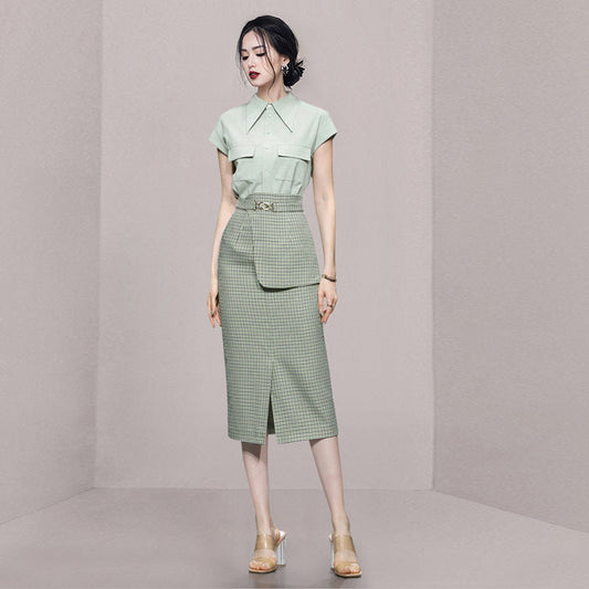 Women's Green Plaid Girdle Slim Skirt Suit myETYN