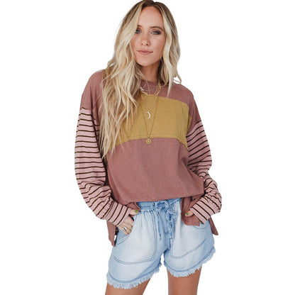 Women's Hoodie Casual Striped Color Matching Long-sleeved Top myETYN