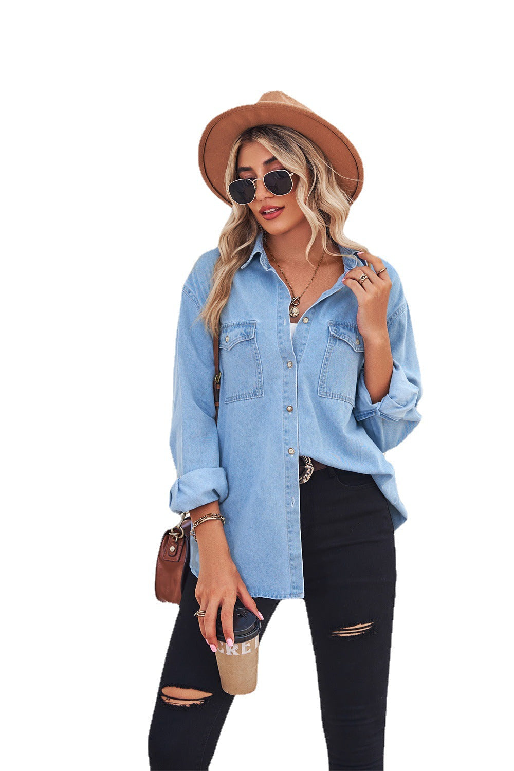 Women's Light Color Figure Flattering Thin Denim Long-sleeved Shirt myETYN