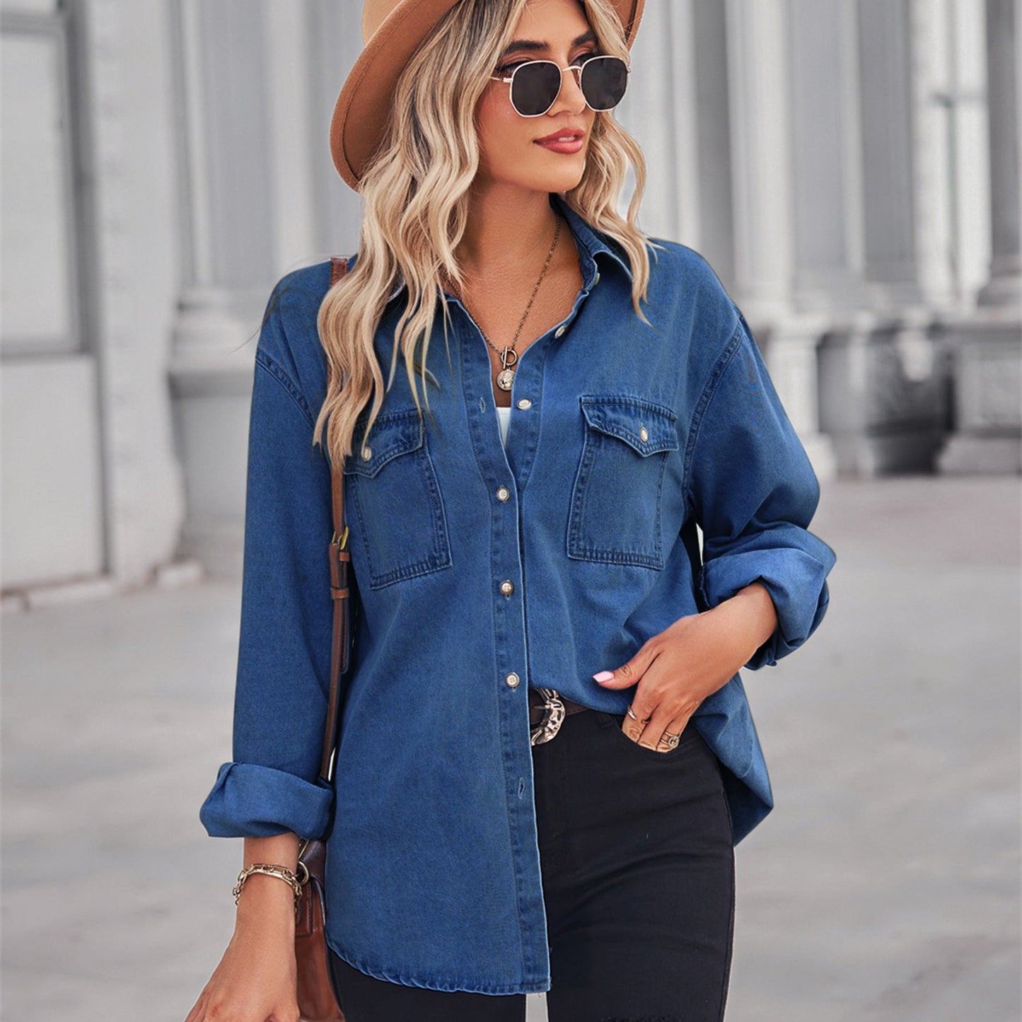 Women's Light Color Figure Flattering Thin Denim Long-sleeved Shirt myETYN