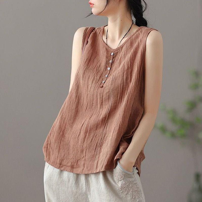 Women's Loose All-match Cotton And Linen Sleeveless Vest Top myETYN