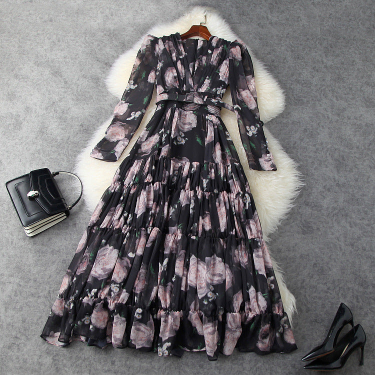 Women's New Puff Sleeve V-neck Waist-controlled Large Hem Chiffon Printed Dress myETYN