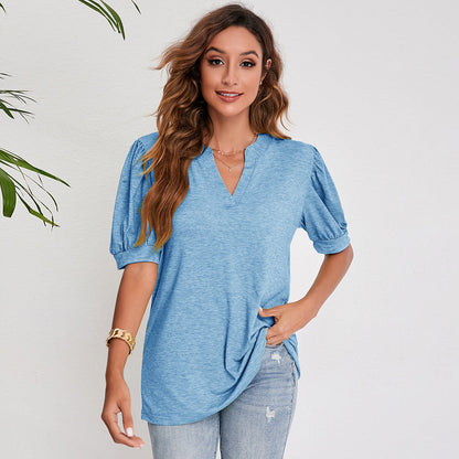 Women's Pleated Puff Sleeve Tops Summer V Neck T Shirts myETYN