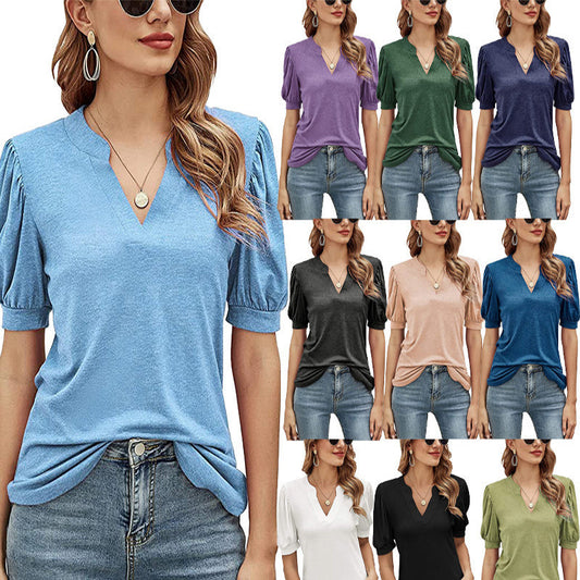 Women's Pleated Puff Sleeve Tops Summer V Neck T Shirts myETYN
