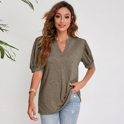 Women's Pleated Puff Sleeve Tops Summer V Neck T Shirts myETYN