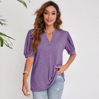 Women's Pleated Puff Sleeve Tops Summer V Neck T Shirts myETYN