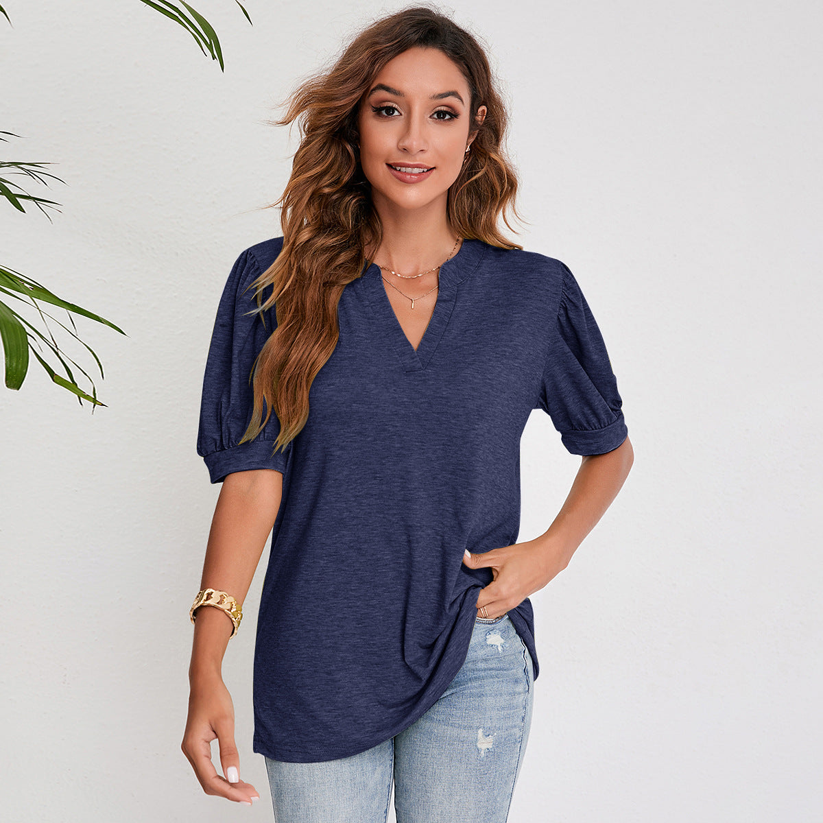 Women's Pleated Puff Sleeve Tops Summer V Neck T Shirts myETYN