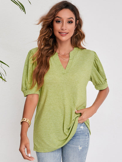 Women's Pleated Puff Sleeve Tops Summer V Neck T Shirts myETYN