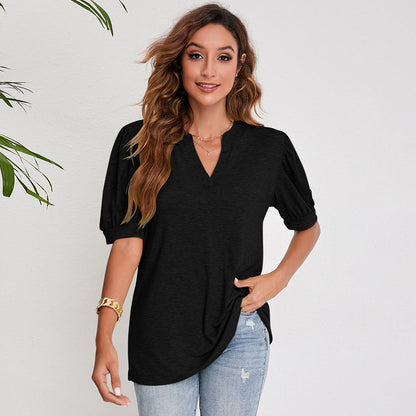 Women's Pleated Puff Sleeve Tops Summer V Neck T Shirts myETYN