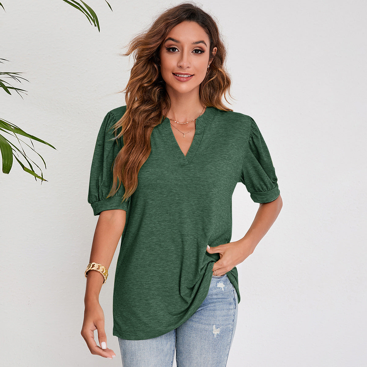 Women's Pleated Puff Sleeve Tops Summer V Neck T Shirts myETYN