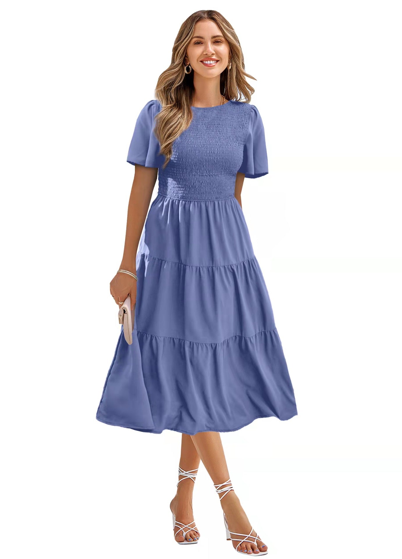 Women's Round Neck Smocked Short Sleeve Casual Dress Swing Flowy Ruffle Hem Mini Beach Summer Dresses myETYN