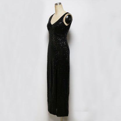 Women's Sleeveless Backless V-neck Black With Paillettes Long Dress myETYN