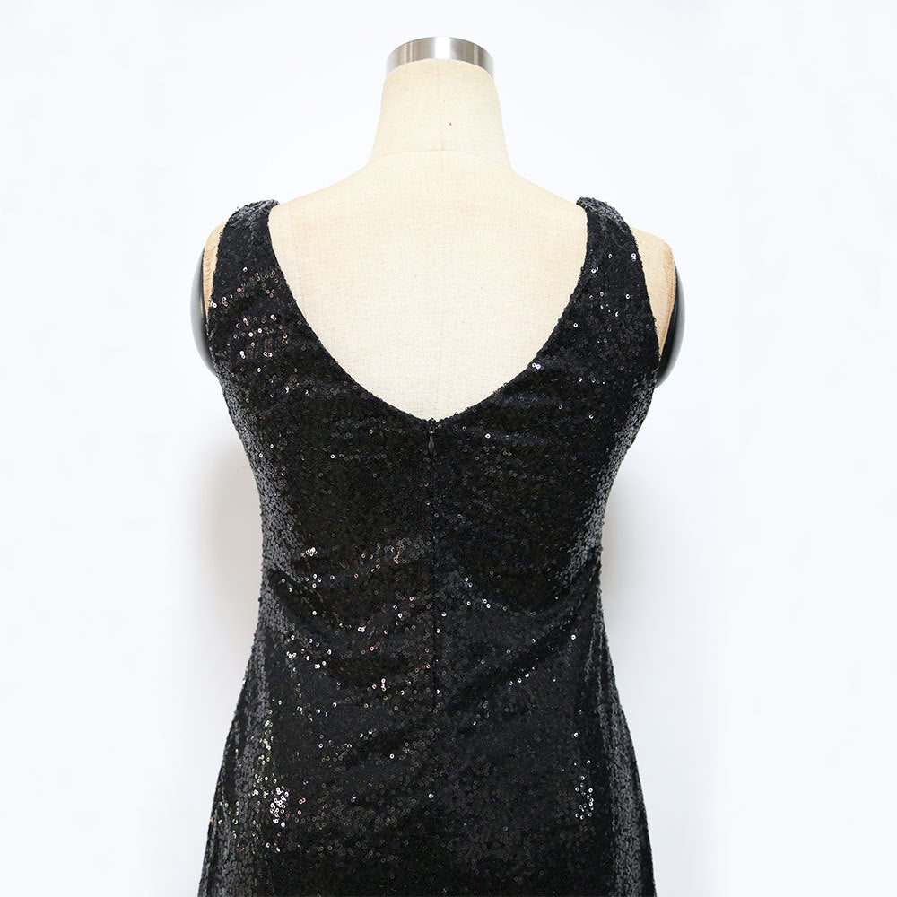 Women's Sleeveless Backless V-neck Black With Paillettes Long Dress myETYN