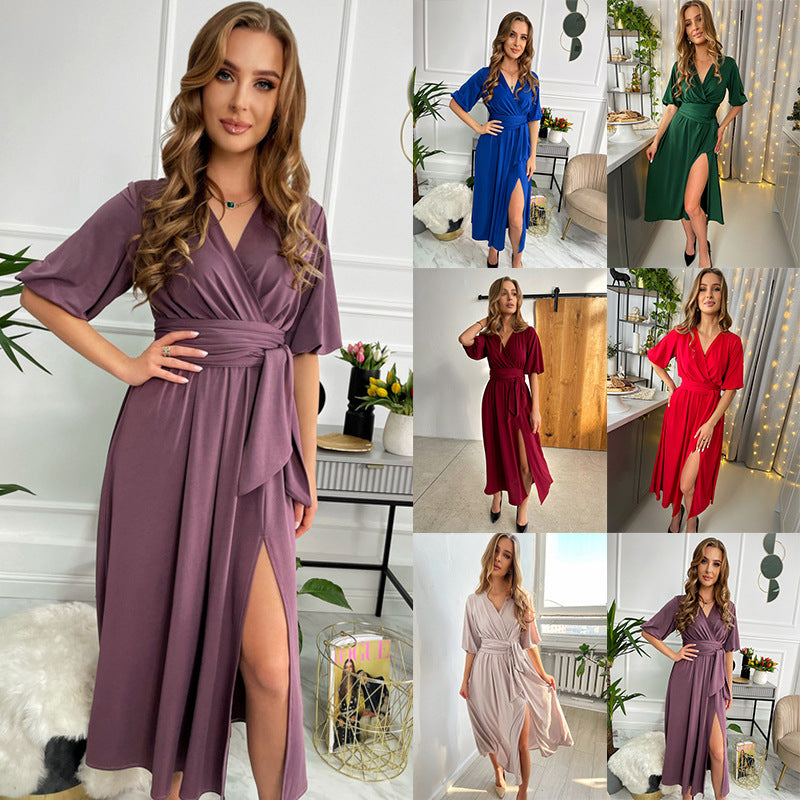 Women's Solid Color And V-neck Lantern Sleeve Waist-tight Maxi Self-tie Slit Dress myETYN