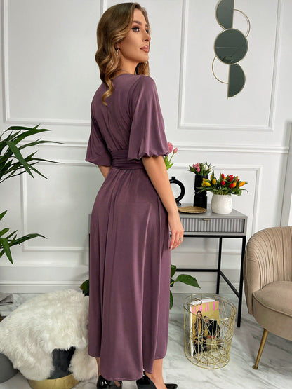 Women's Solid Color And V-neck Lantern Sleeve Waist-tight Maxi Self-tie Slit Dress myETYN