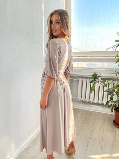 Women's Solid Color And V-neck Lantern Sleeve Waist-tight Maxi Self-tie Slit Dress myETYN