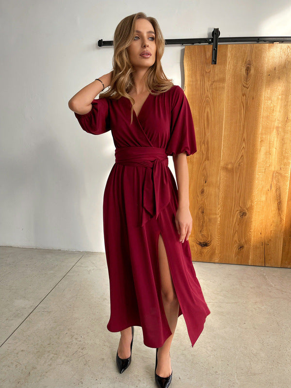 Women's Solid Color And V-neck Lantern Sleeve Waist-tight Maxi Self-tie Slit Dress myETYN