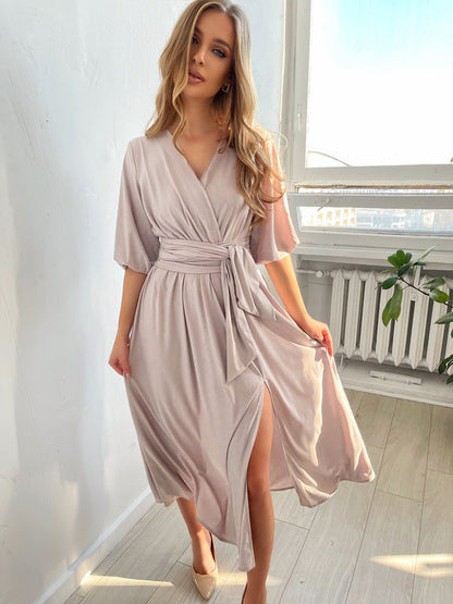 Women's Solid Color And V-neck Lantern Sleeve Waist-tight Maxi Self-tie Slit Dress myETYN