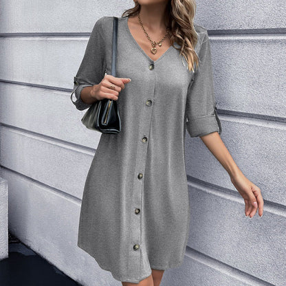 Women's Solid V-Neck Mid-Length Knit Dress myETYN