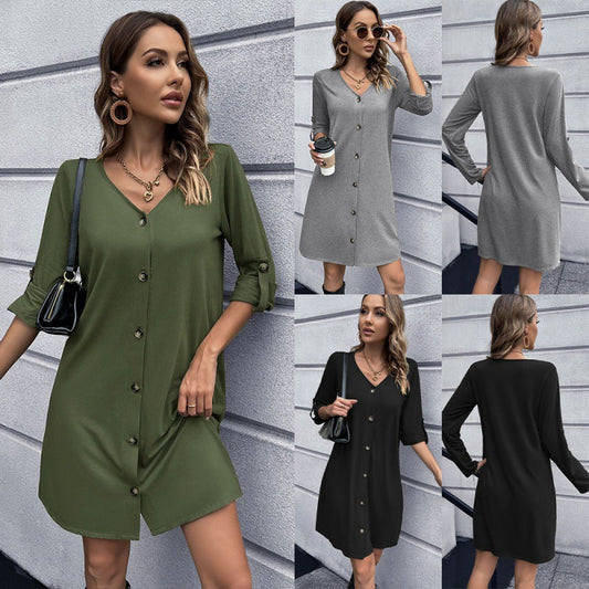 Women's Solid V-Neck Mid-Length Knit Dress myETYN