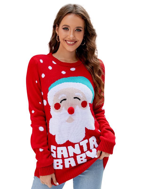 Women's Tops Santa Pullover Sweater Autumn And Winter Letter Embroidery Christmas Red Sweaters Long Sleeve Crew Neck Clothes myETYN